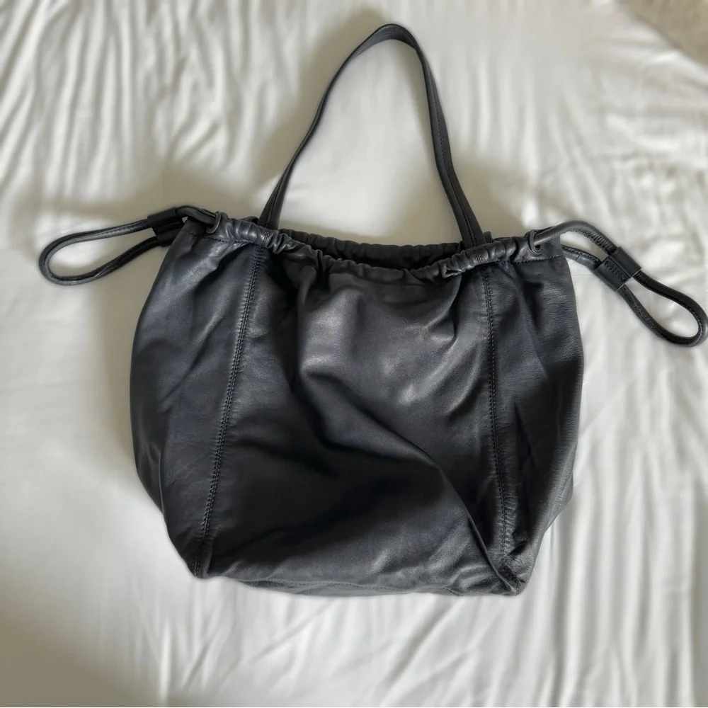 & Other Stories Leather Oversized Drawstring Tote, Navy. - Picture 12 of 12